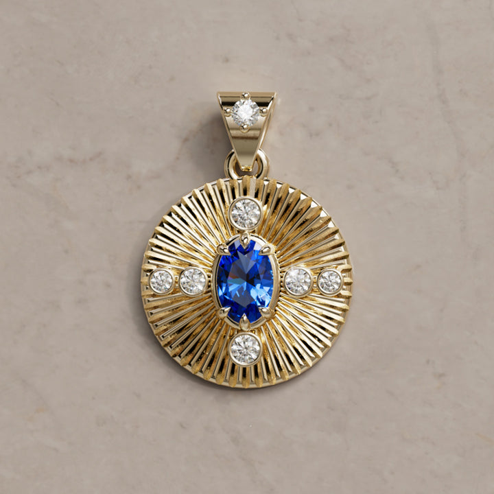 Damona Fluted Coin Pendant with Blue Sapphire and Lab Diamonds By Valley Rose