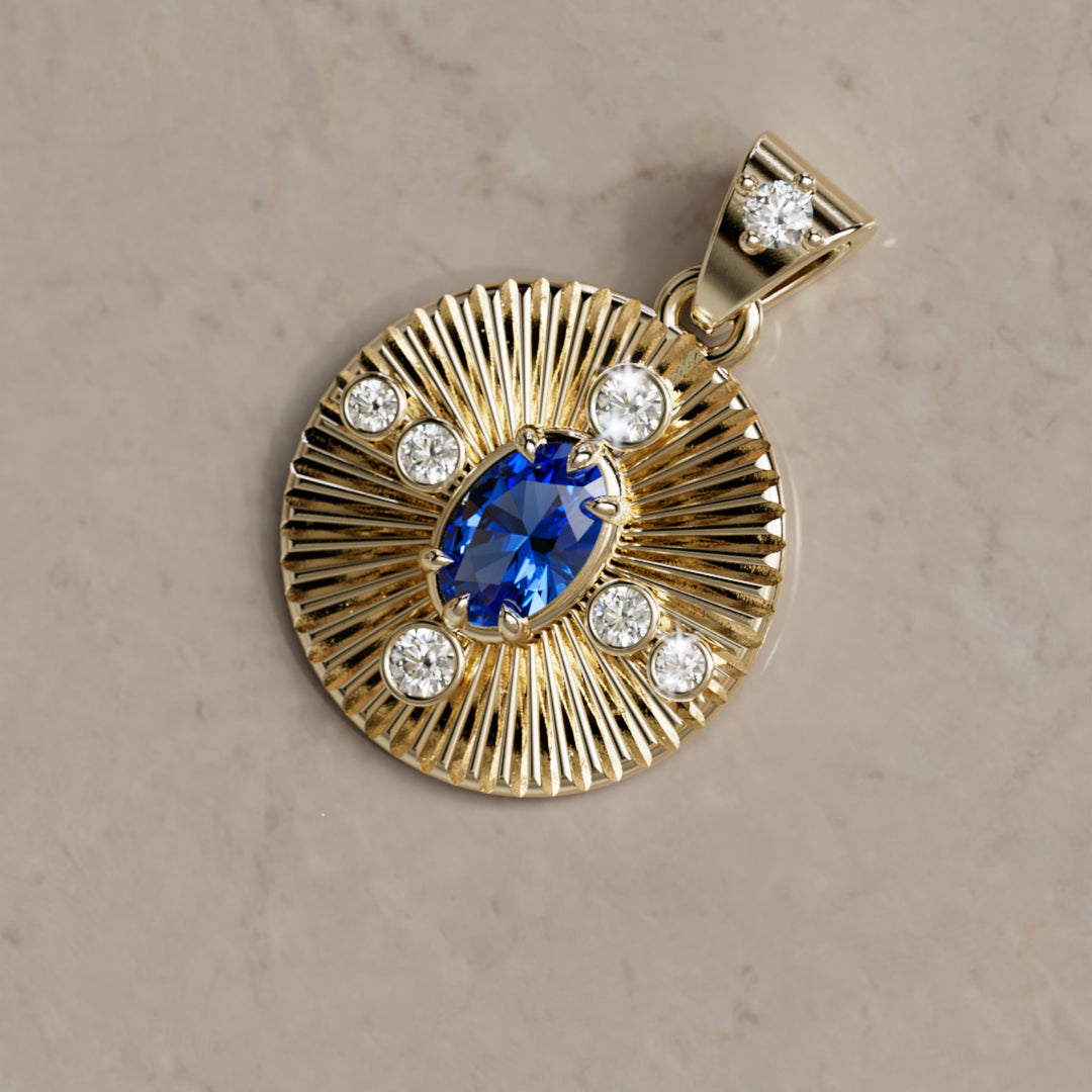 Damona Fluted Coin Pendant with Blue Sapphire and Lab Diamonds By Valley Rose