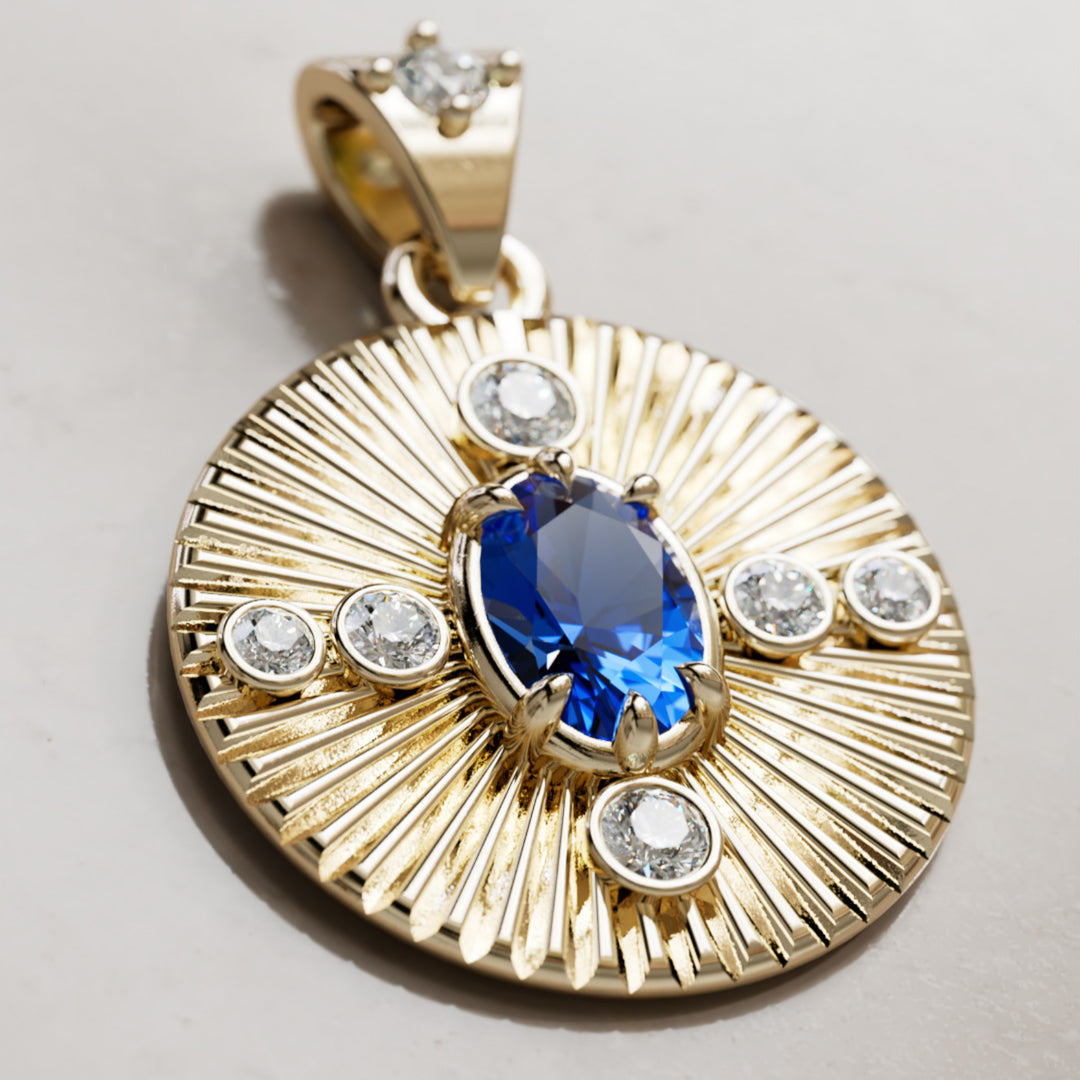 Damona Fluted Coin Pendant with Blue Sapphire and Lab Diamonds By Valley Rose
