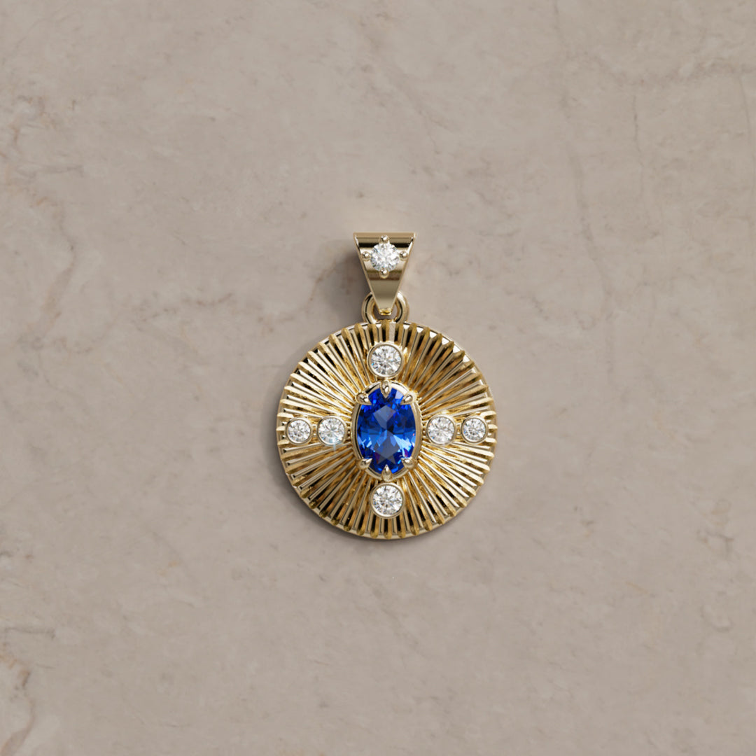 Damona Fluted Coin Pendant with Blue Sapphire and Lab Diamonds By Valley Rose