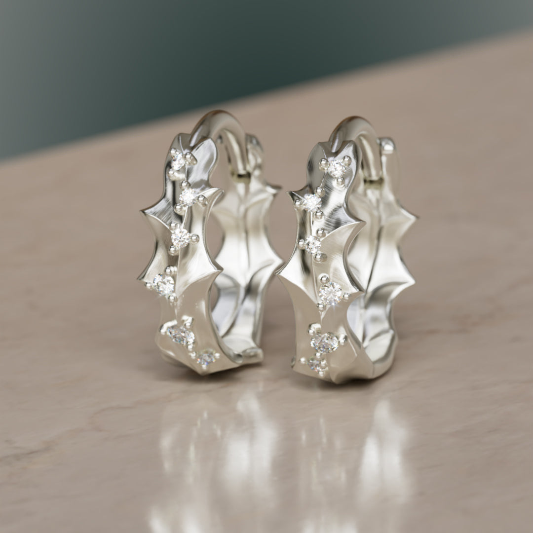 Boucles d'oreilles uniques en forme de cerceau Pissenlit avec feuille naturelle et diamants de laboratoire