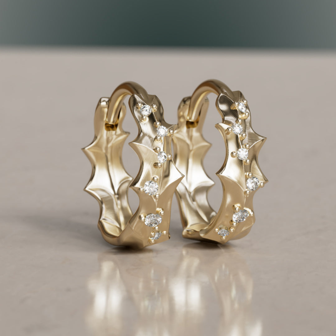 Boucles d'oreilles uniques en forme de cerceau Pissenlit avec feuille naturelle et diamants de laboratoire