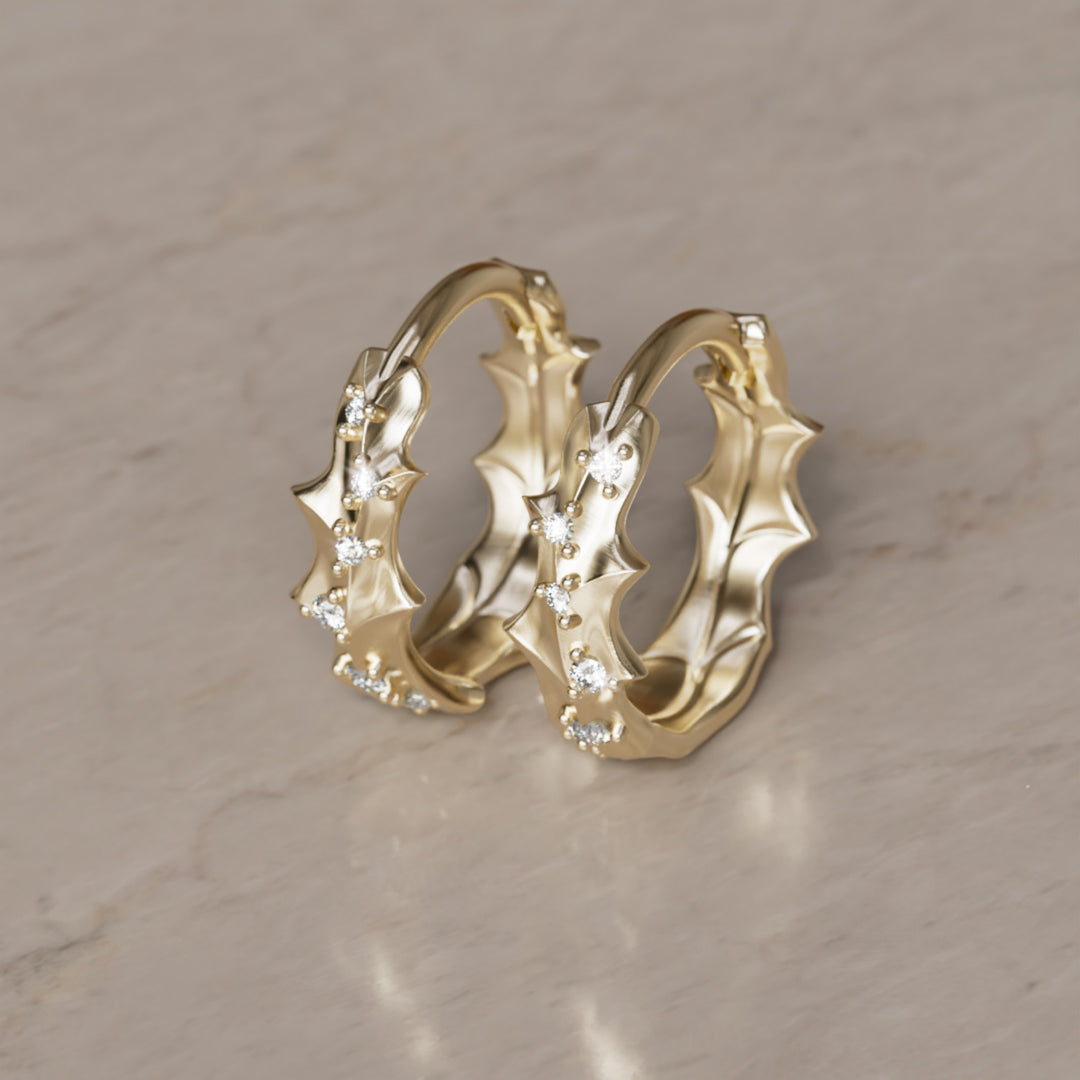 Boucles d'oreilles uniques en forme de cerceau Pissenlit avec feuille naturelle et diamants de laboratoire