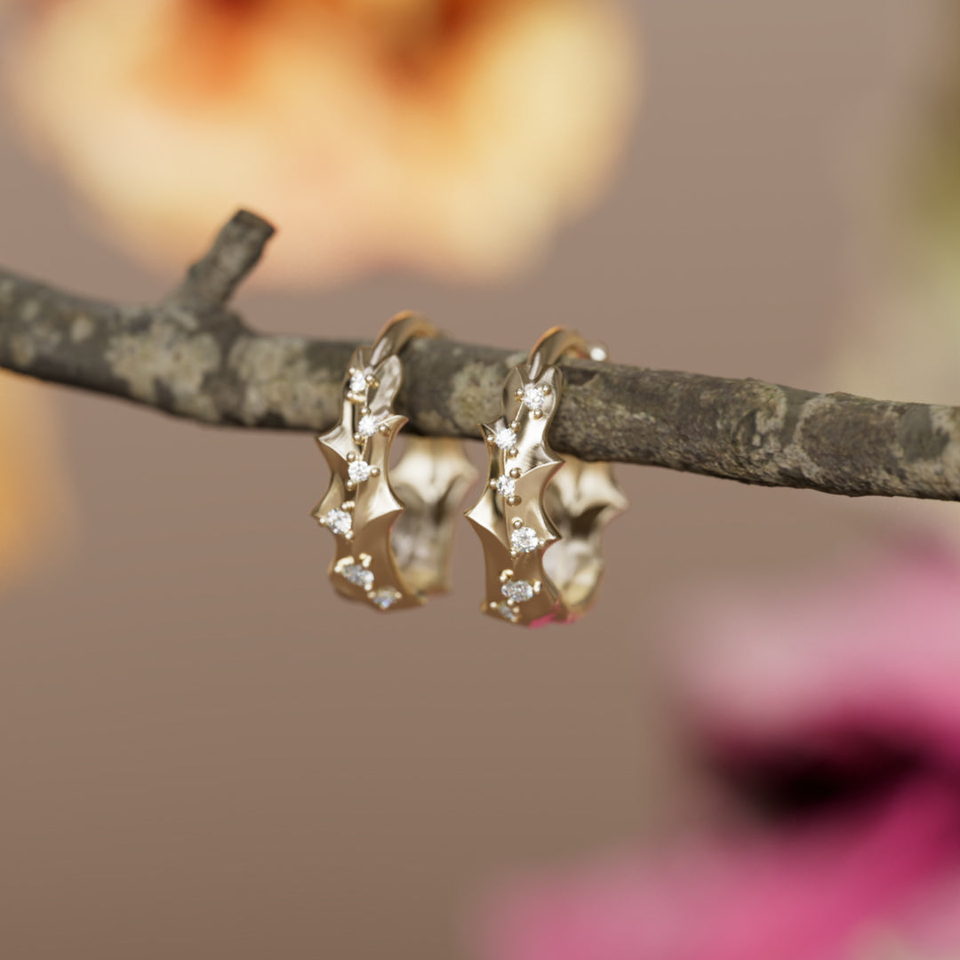 Boucles d'oreilles uniques en forme de cerceau Pissenlit avec feuille naturelle et diamants de laboratoire