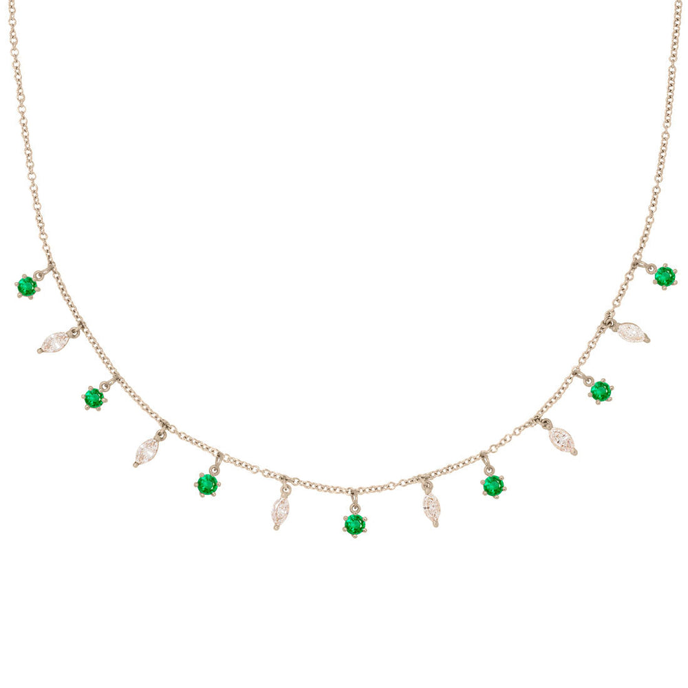 Emerald and Marquise Diamond Fringe Charm Gold Necklace By Valley Rose Ethical Jewelry