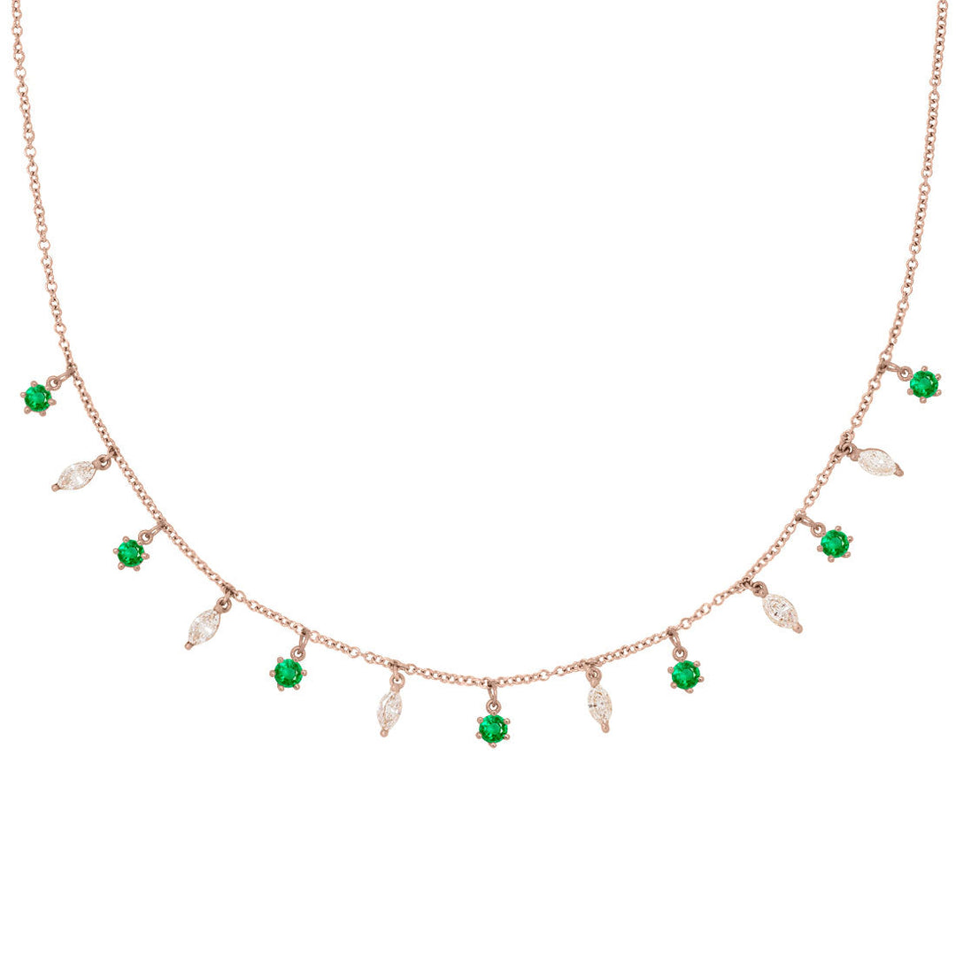 Emerald and Marquise Diamond Fringe Charm Gold Necklace By Valley Rose Ethical Jewelry