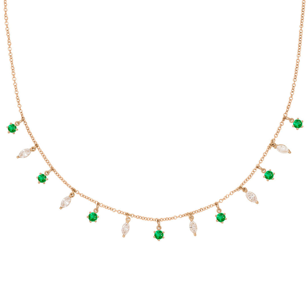Emerald and Marquise Diamond Fringe Charm Gold Necklace By Valley Rose Ethical Jewelry