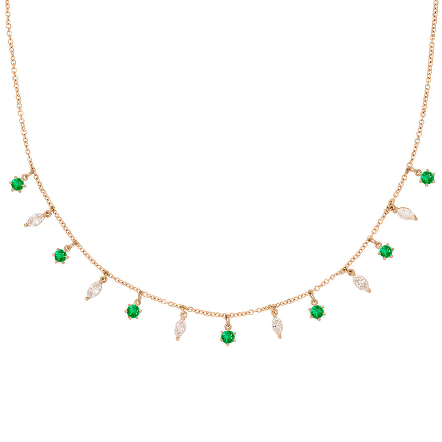 Emerald and Marquise Diamond Fringe Charm Gold Necklace By Valley Rose Ethical Jewelry