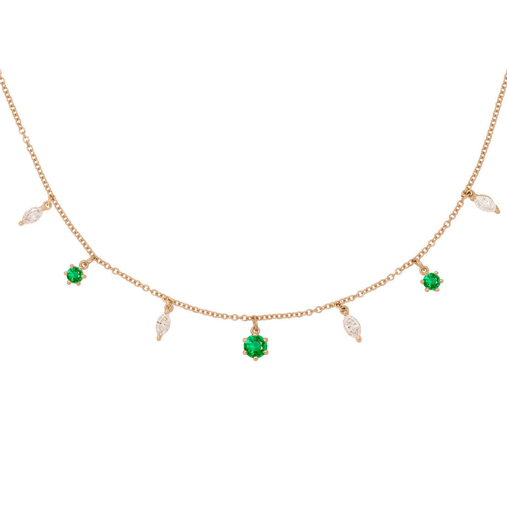 Emerald and Marquise Diamond Fringe Charm Gold Necklace By Valley Rose Ethical Jewelry