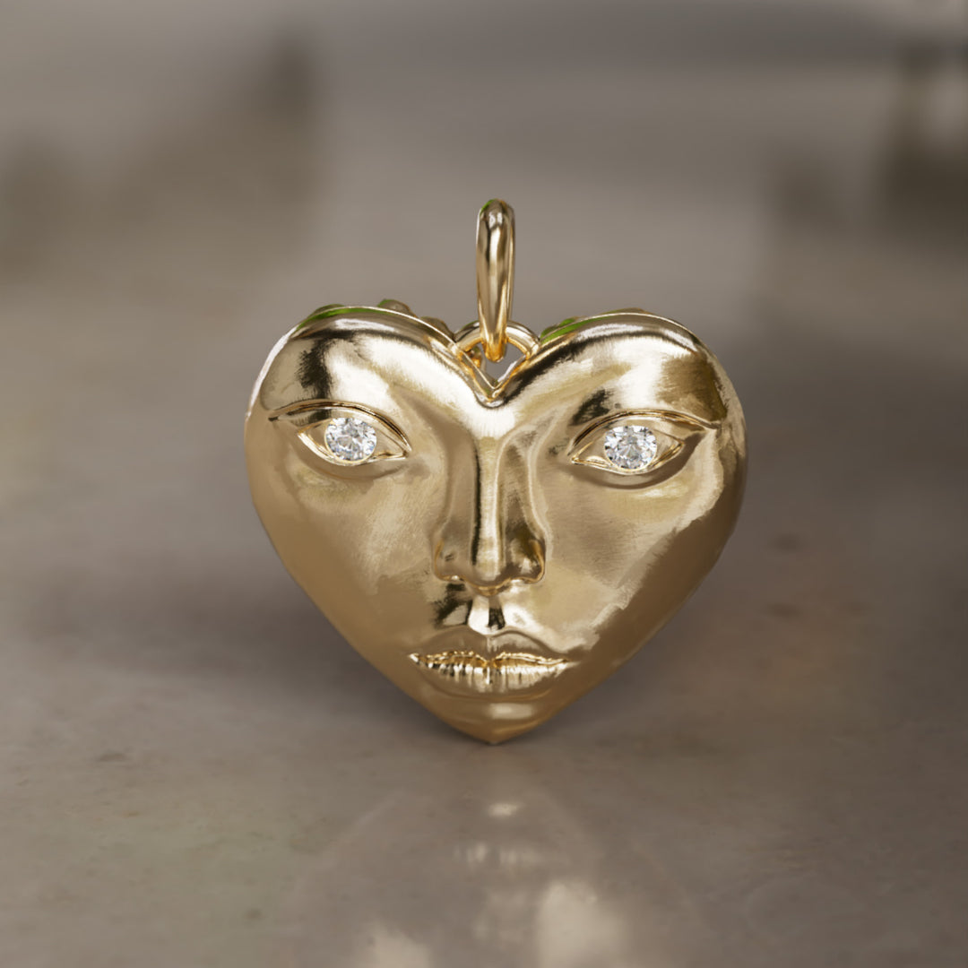 Ciondolo a cuore unico surrealista trompe-l'œil Dolly Locket con diamante di laboratorio in oro