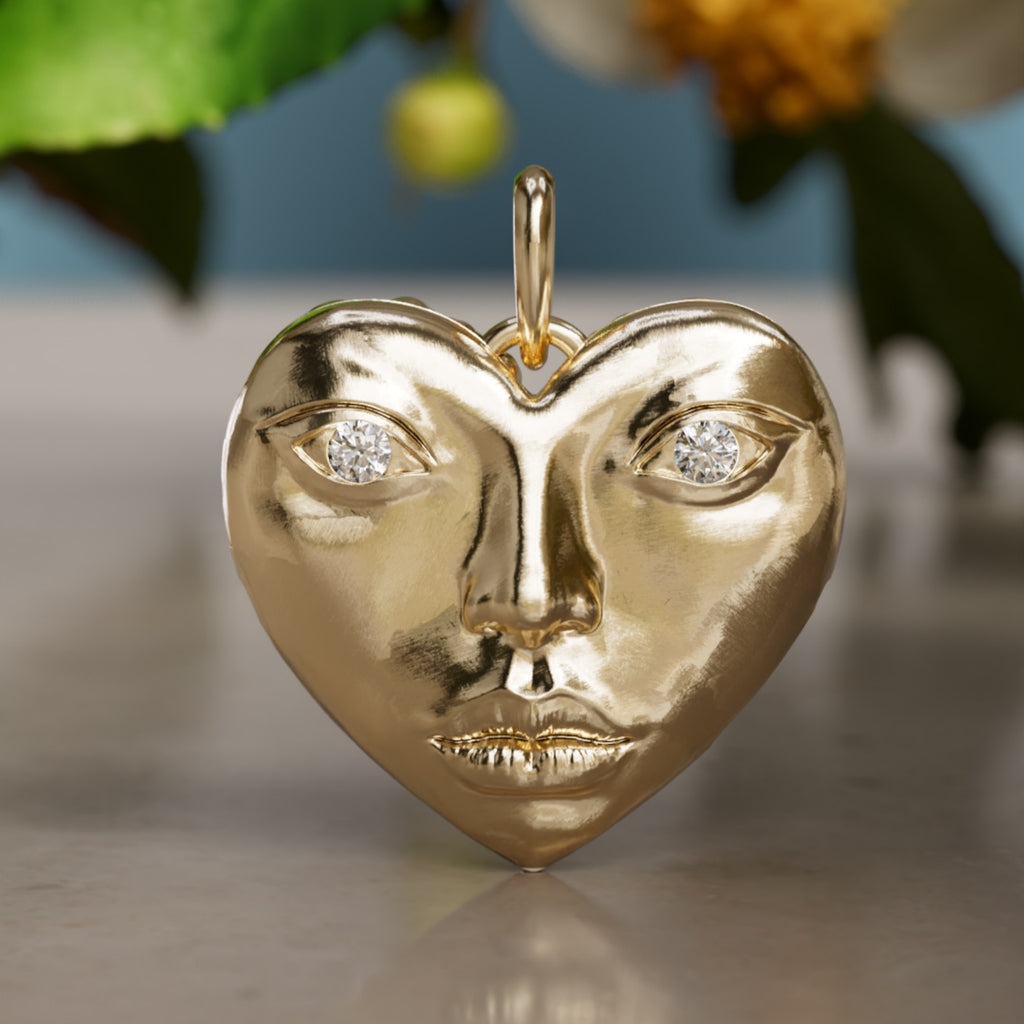 Dolly Locket Trompe-l'œil Surrealist Unique Heart Charm Lab Diamond Gold Pendant