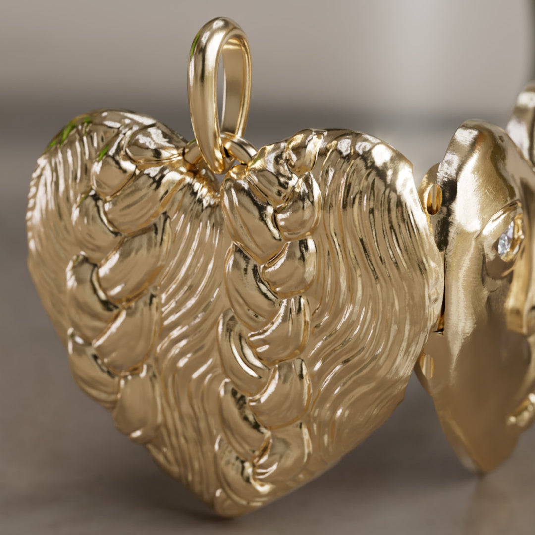 Ciondolo a cuore unico surrealista trompe-l'œil Dolly Locket con diamante di laboratorio in oro