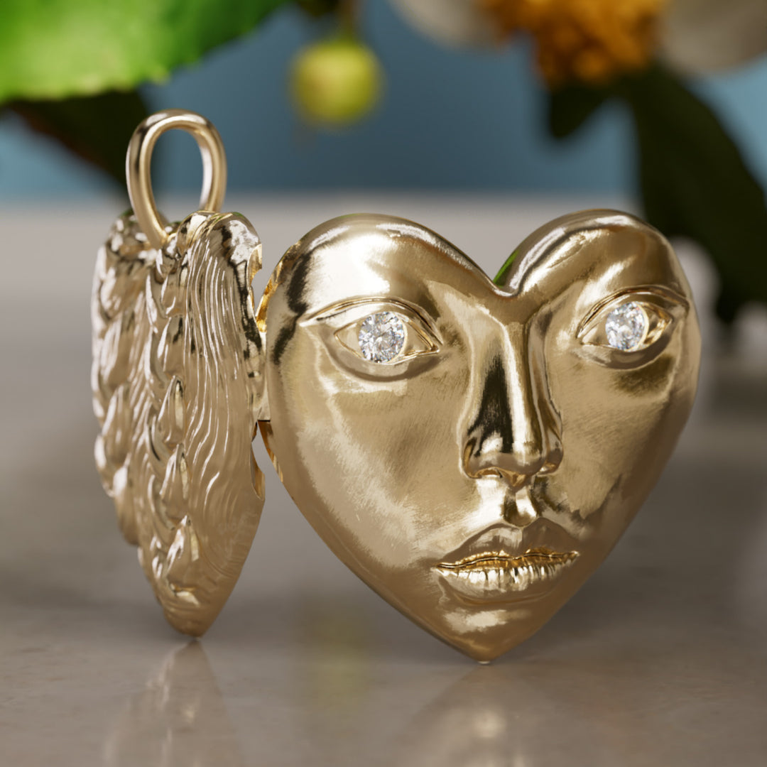 Ciondolo a cuore unico surrealista trompe-l'œil Dolly Locket con diamante di laboratorio in oro