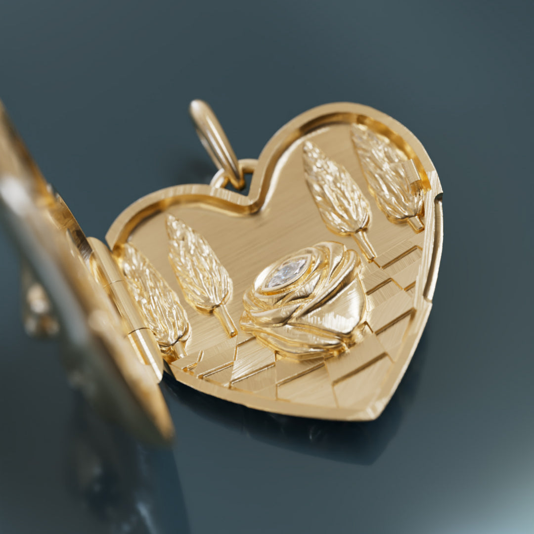 Ciondolo a cuore unico surrealista trompe-l'œil Dolly Locket con diamante di laboratorio in oro