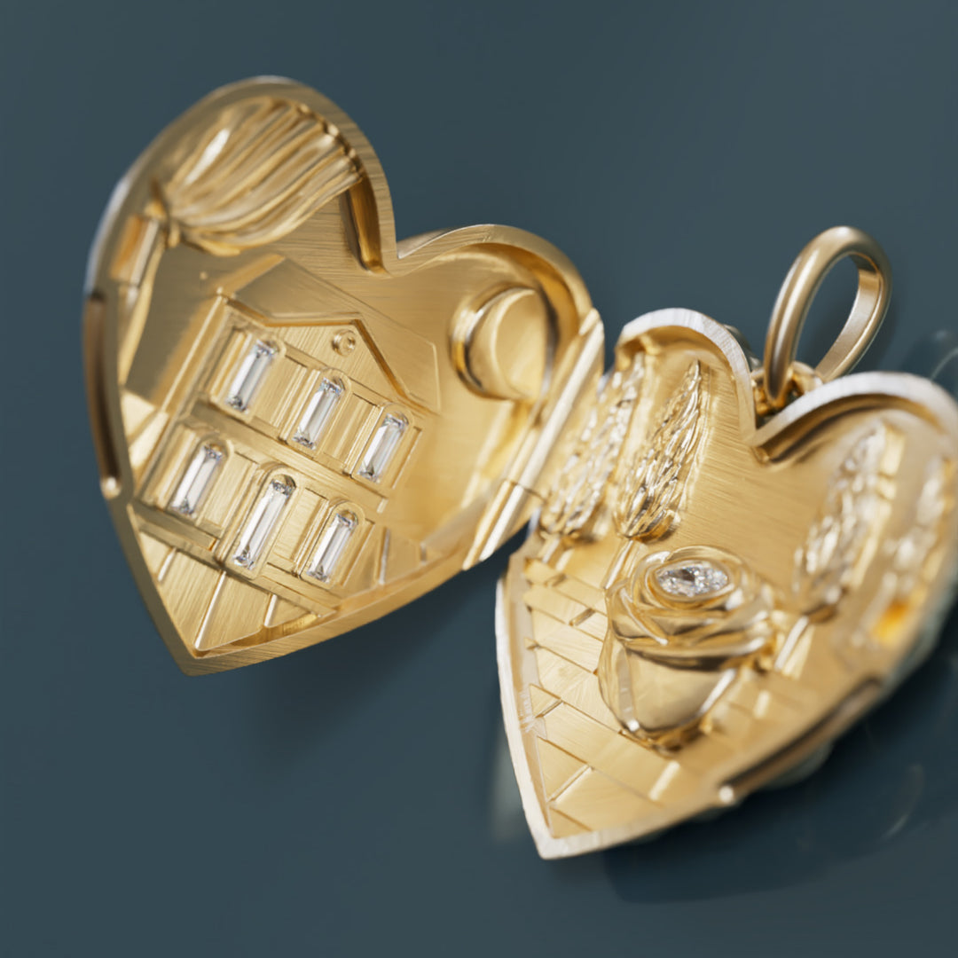Ciondolo a cuore unico surrealista trompe-l'œil Dolly Locket con diamante di laboratorio in oro