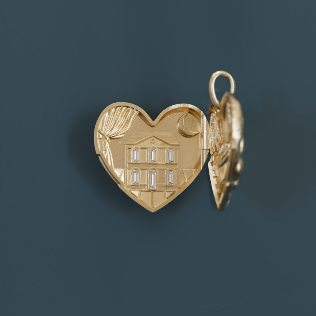 Ciondolo a cuore unico surrealista trompe-l'œil Dolly Locket con diamante di laboratorio in oro