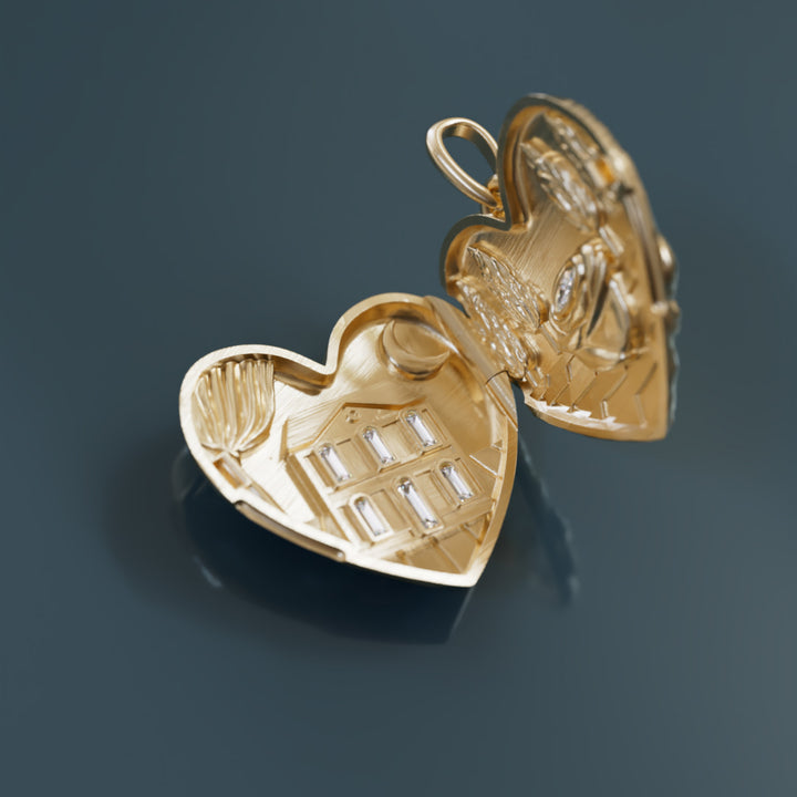 Ciondolo a cuore unico surrealista trompe-l'œil Dolly Locket con diamante di laboratorio in oro