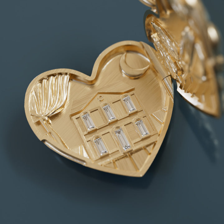 Ciondolo a cuore unico surrealista trompe-l'œil Dolly Locket con diamante di laboratorio in oro
