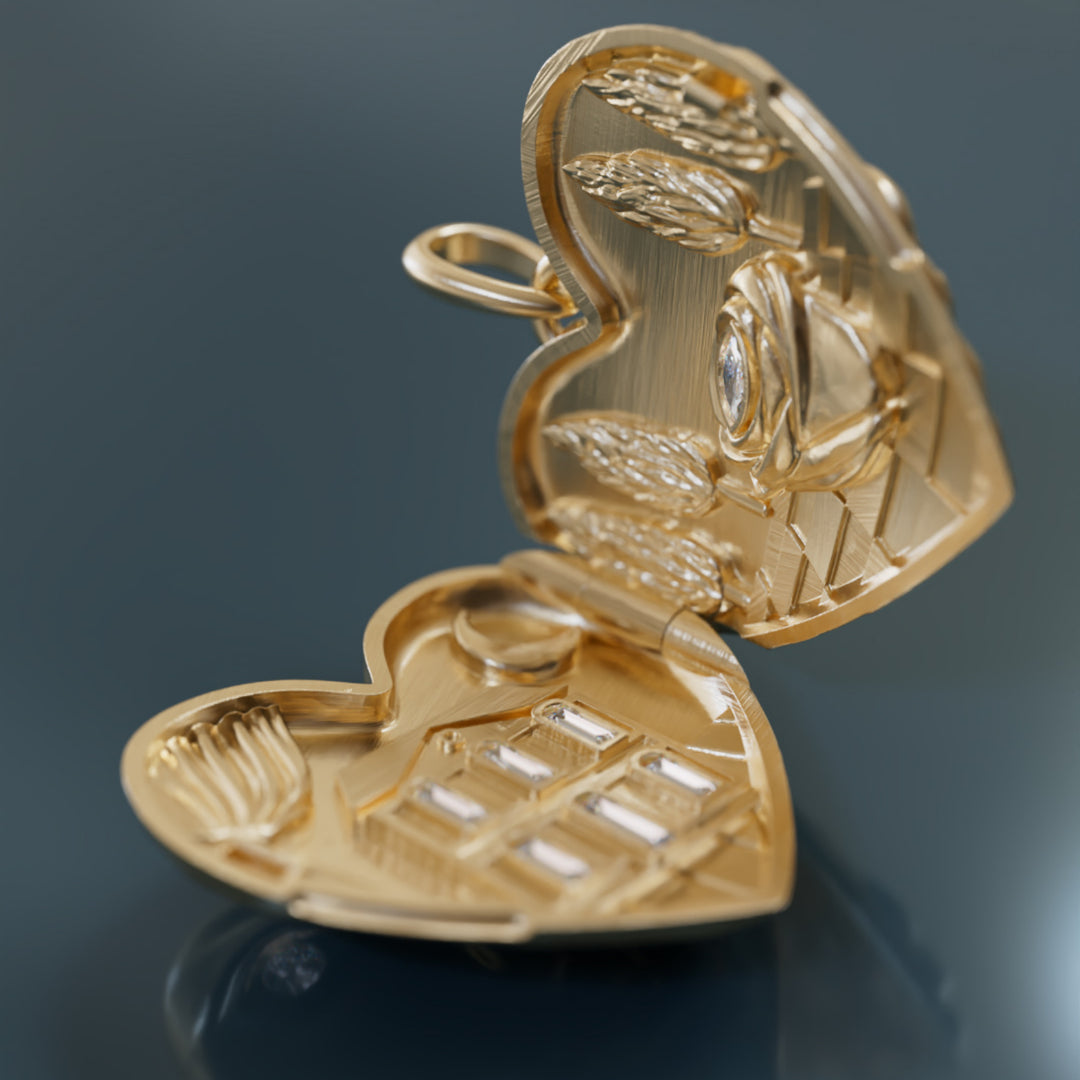 Ciondolo a cuore unico surrealista trompe-l'œil Dolly Locket con diamante di laboratorio in oro