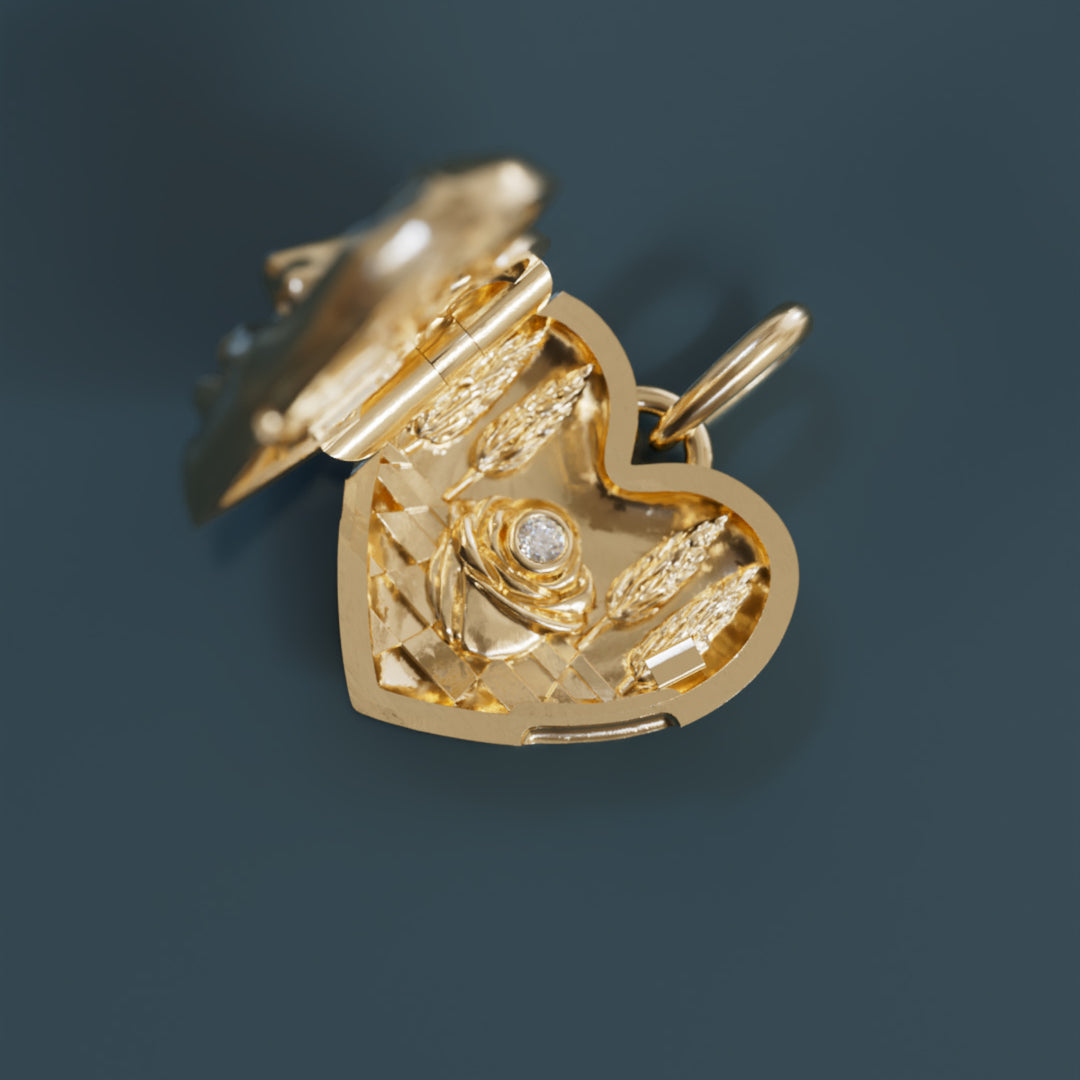 Dolly Locket Trompe-l'œil Surrealist Einzigartiger Herzanhänger mit Labor-Diamant Goldanhänger