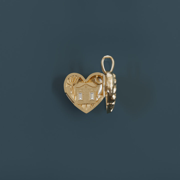Dolly Locket Trompe-l'œil Surrealist Einzigartiger Herzanhänger mit Labor-Diamant Goldanhänger