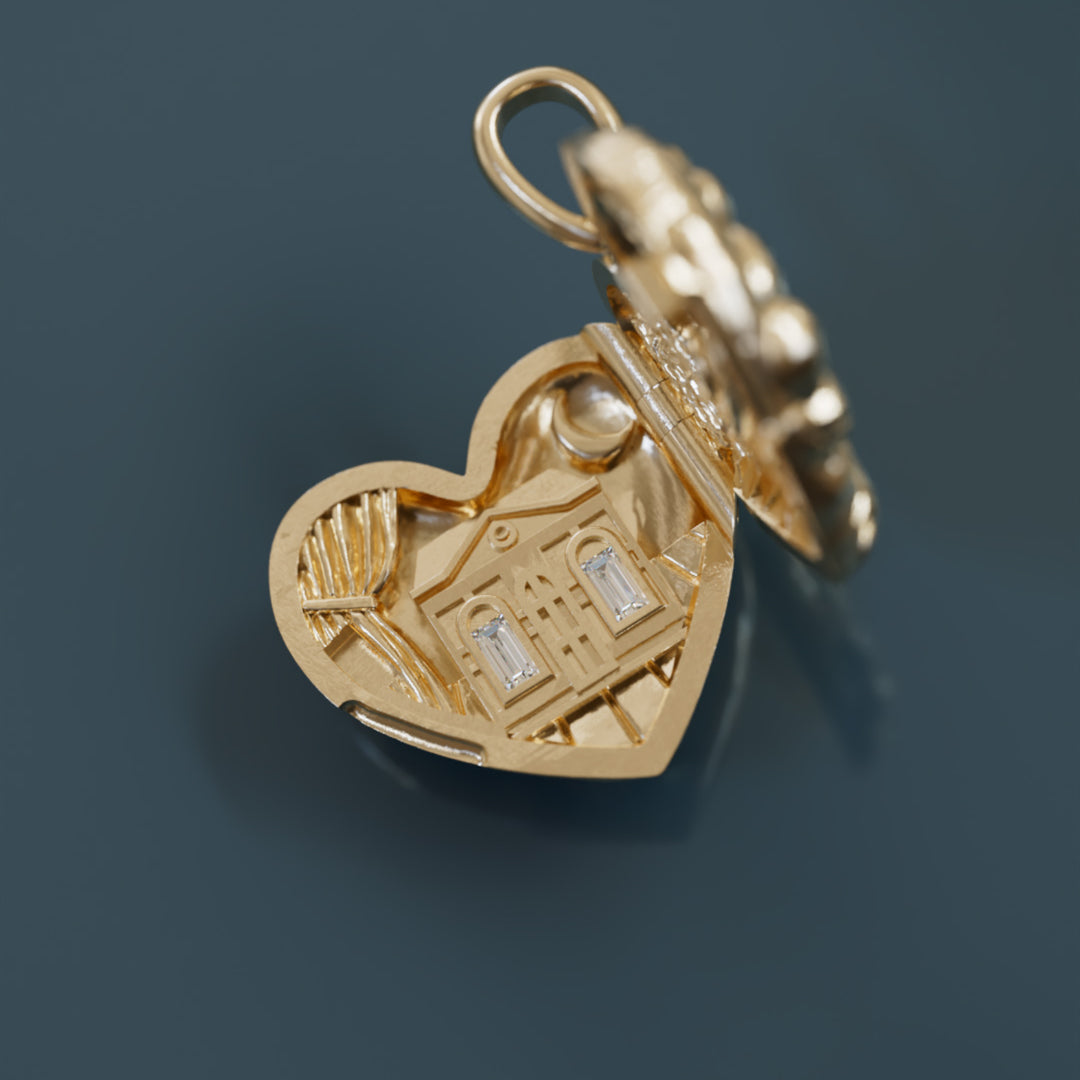 Dolly Locket Trompe-l'œil Surrealist Einzigartiger Herzanhänger mit Labor-Diamant Goldanhänger