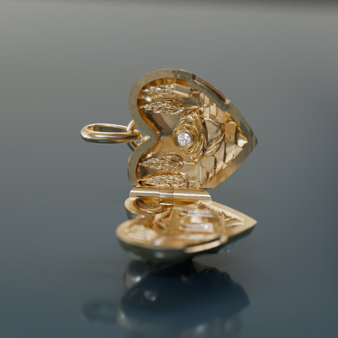 Dolly Locket Trompe-l'œil Surrealist Einzigartiger Herzanhänger mit Labor-Diamant Goldanhänger