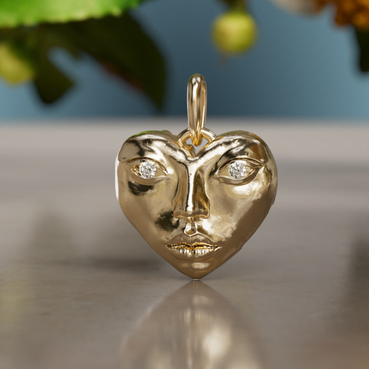 Dolly Locket Trompe-l'œil Surrealist Einzigartiger Herzanhänger mit Labor-Diamant Goldanhänger