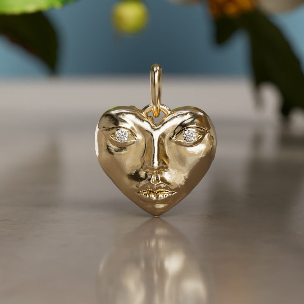 Mini Dolly Locket Trompe-l'œil Surrealist Unique Heart Charm Lab Diamond Gold Pendant