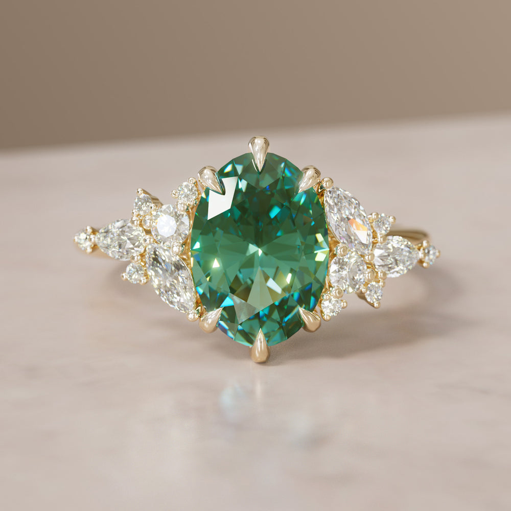 Unique Flower Oval Cut Green Sapphire Engagement Ring By Valley Rose