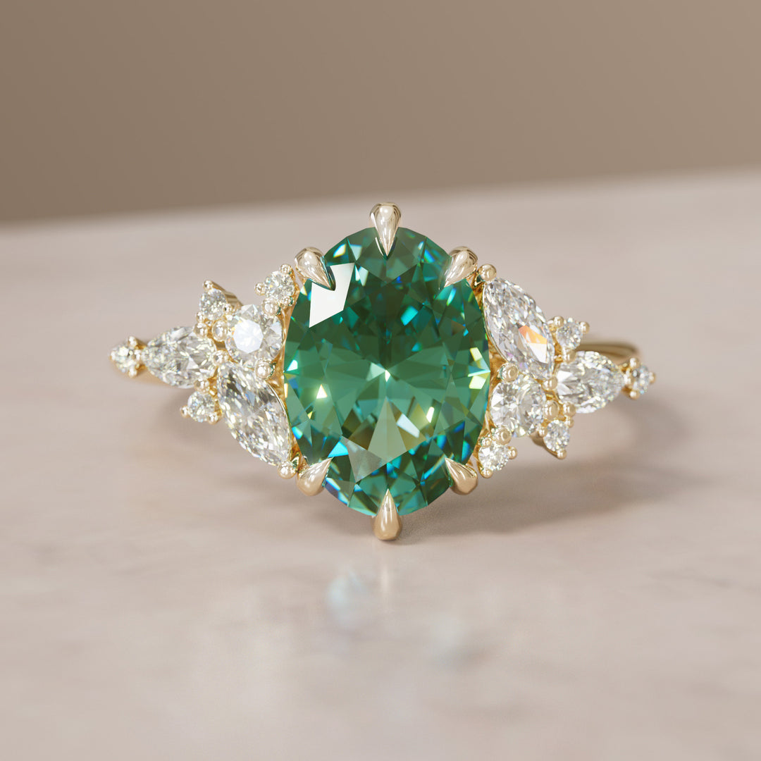 Unique Flower Oval Cut Green Sapphire Engagement Ring By Valley Rose
