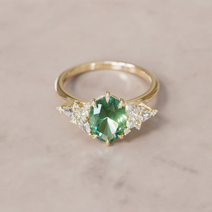 Unique Flower Oval Cut Green Sapphire Engagement Ring By Valley Rose