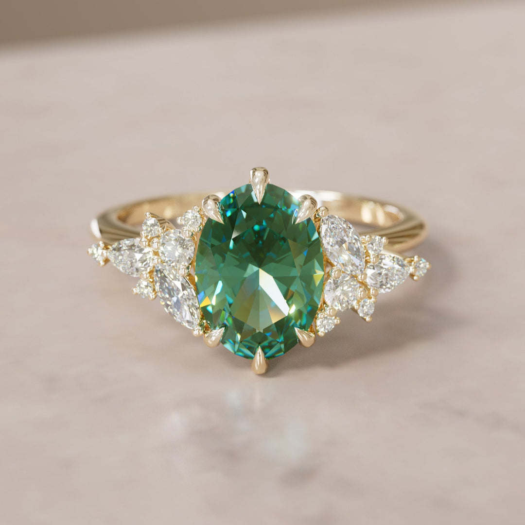 Unique Flower Oval Cut Green Sapphire Engagement Ring By Valley Rose