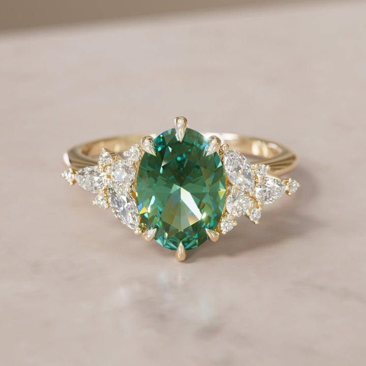 Unique Flower Oval Cut Green Sapphire Engagement Ring By Valley Rose