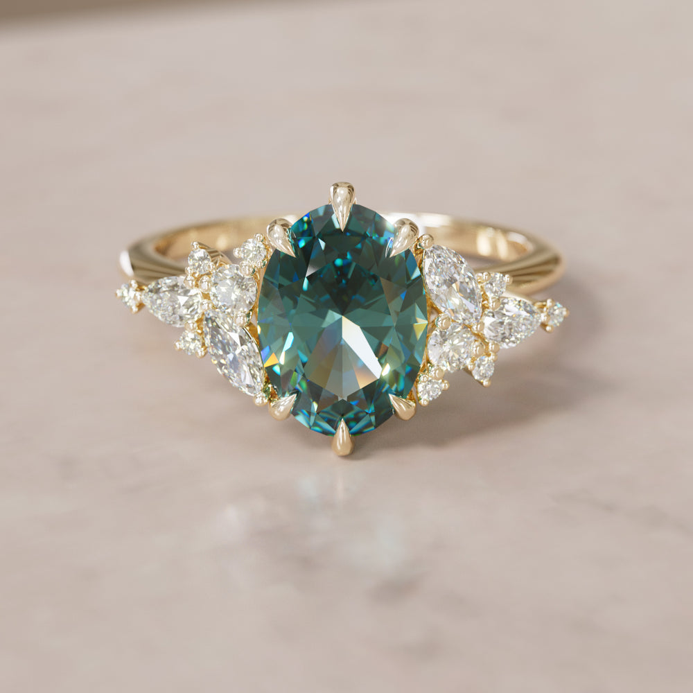Unique Flower Oval Cut Teal Sapphire Engagement Ring By Valley Rose