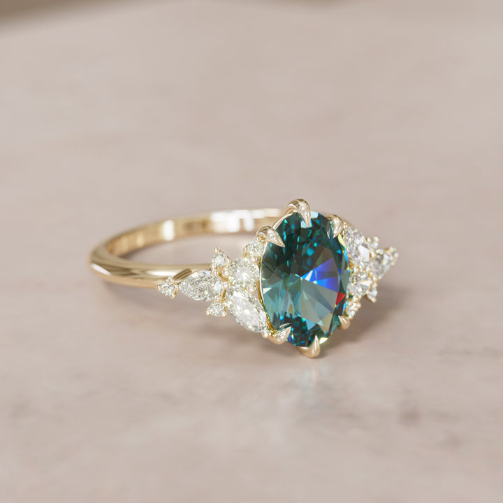 Unique Flower Oval Cut Teal Sapphire Engagement Ring By Valley Rose