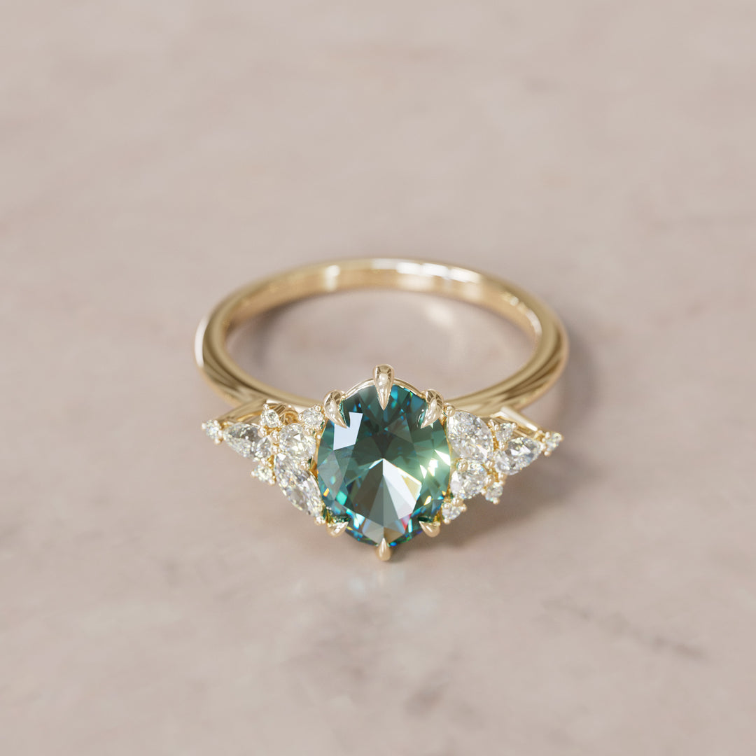 Unique Flower Oval Cut Teal Sapphire Engagement Ring By Valley Rose