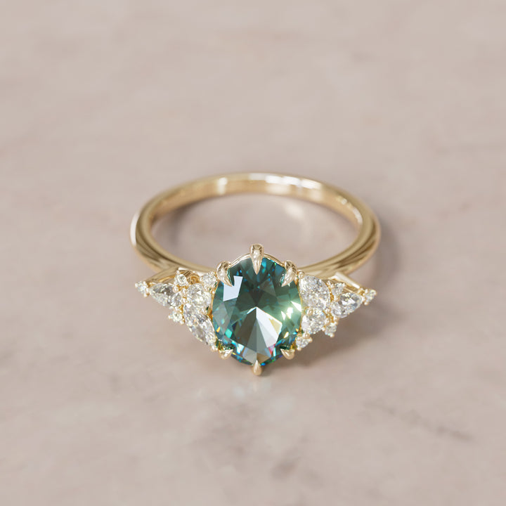 Unique Flower Oval Cut Teal Sapphire Engagement Ring By Valley Rose