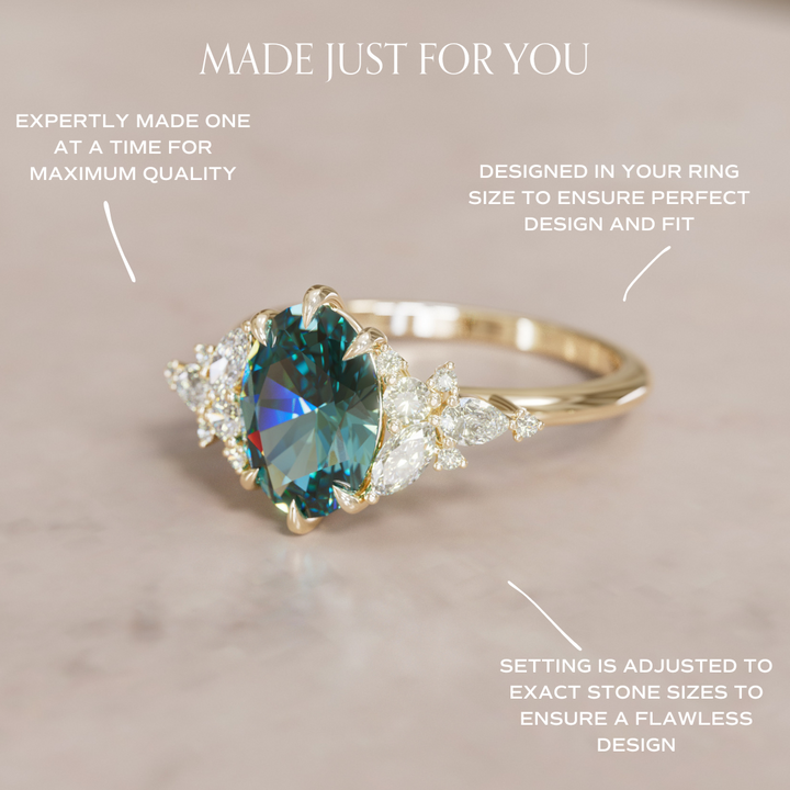 Unique Flower Oval Cut Teal Sapphire Engagement Ring By Valley Rose