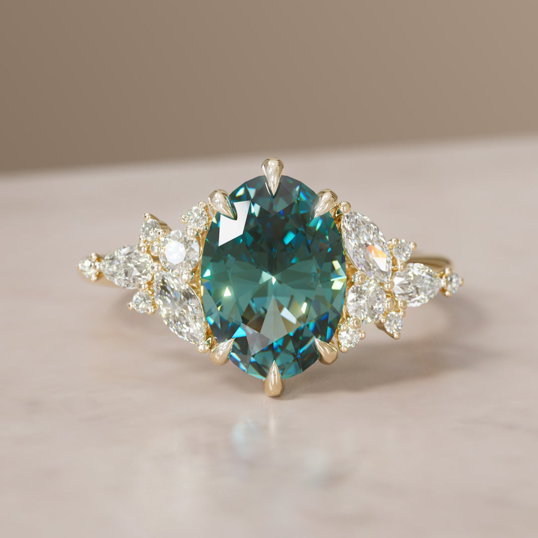 Unique Flower Oval Cut Teal Sapphire Engagement Ring By Valley Rose