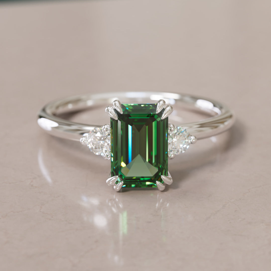 Modern Unique Engagement Ring with Emerald Cut Green Sapphire Three Stone By Valley Rose
