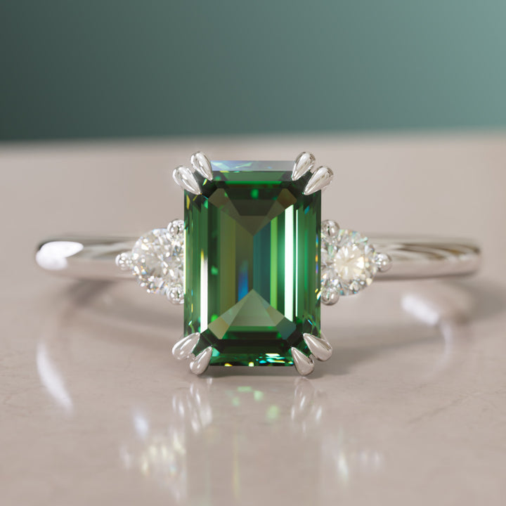 Modern Unique Engagement Ring with Emerald Cut Green Sapphire Three Stone By Valley Rose