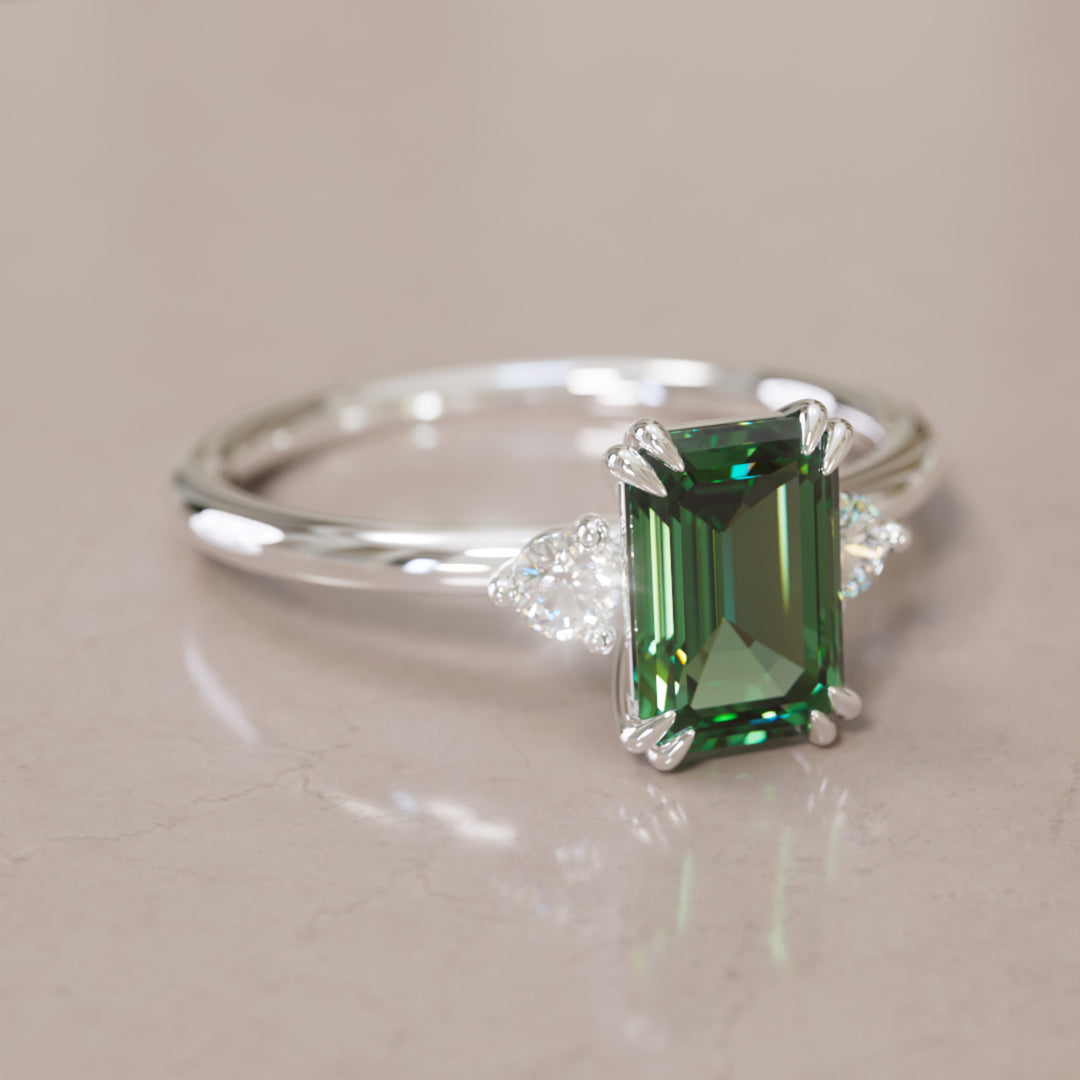 Modern Unique Engagement Ring with Emerald Cut Green Sapphire Three Stone By Valley Rose