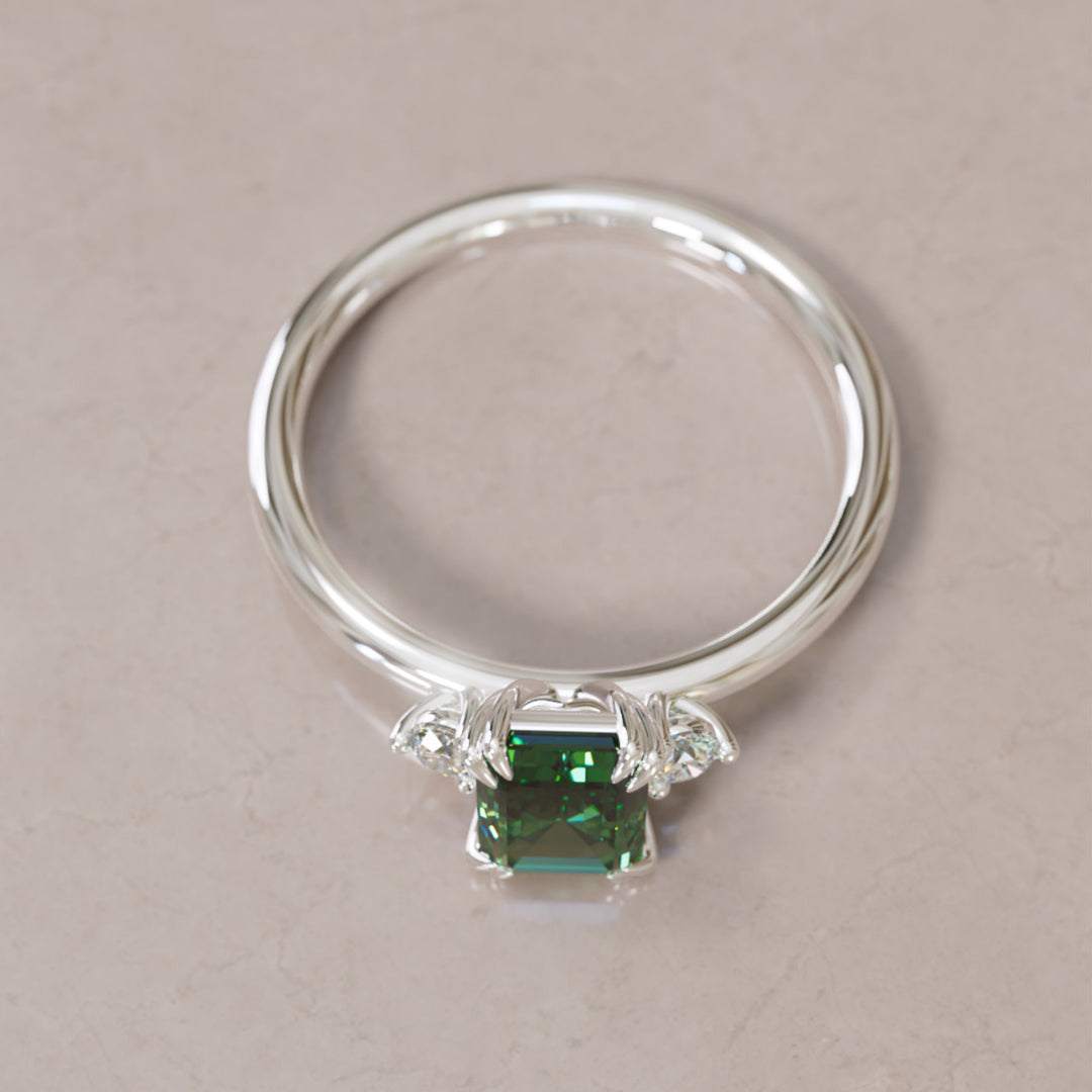Modern Unique Engagement Ring with Emerald Cut Green Sapphire Three Stone By Valley Rose