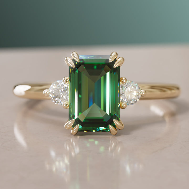 Modern Unique Engagement Ring with Emerald Cut Green Sapphire Three Stone By Valley Rose