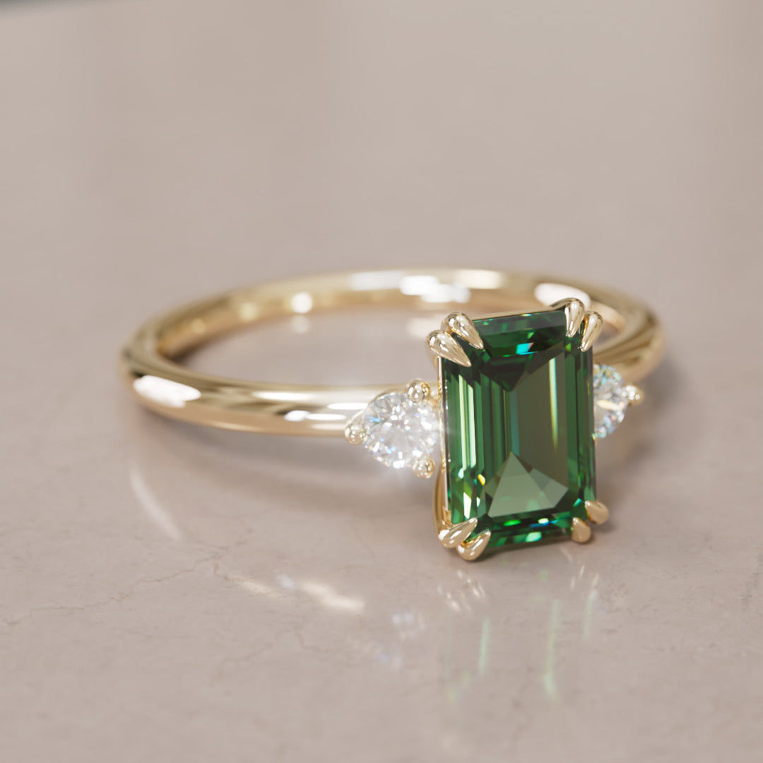 Modern Unique Engagement Ring with Emerald Cut Green Sapphire Three Stone By Valley Rose