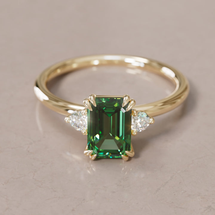 Modern Unique Engagement Ring with Emerald Cut Green Sapphire Three Stone By Valley Rose