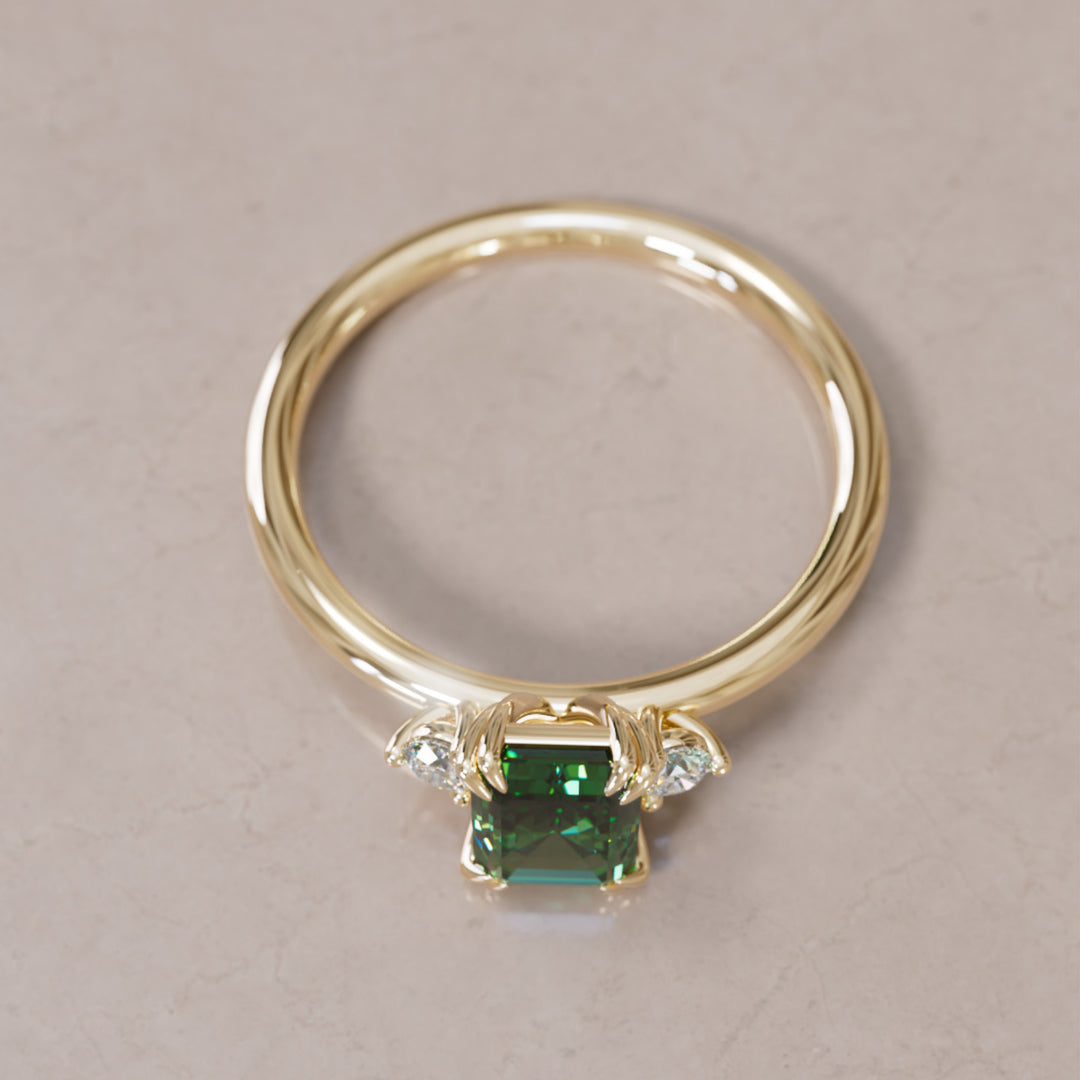 Modern Unique Engagement Ring with Emerald Cut Green Sapphire Three Stone By Valley Rose