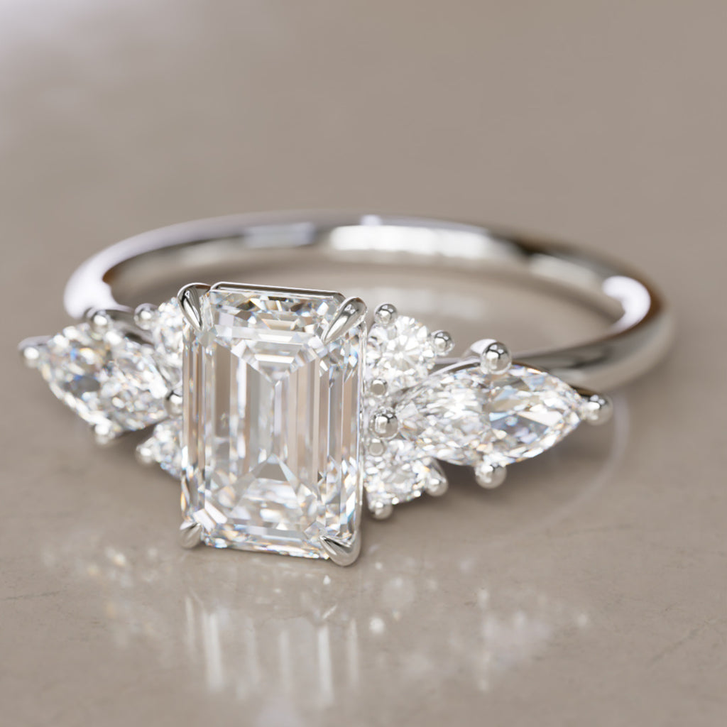 Elodie Emerald Cut Lab Diamond Unique Fantasy Engagement Ring By Valley Rose