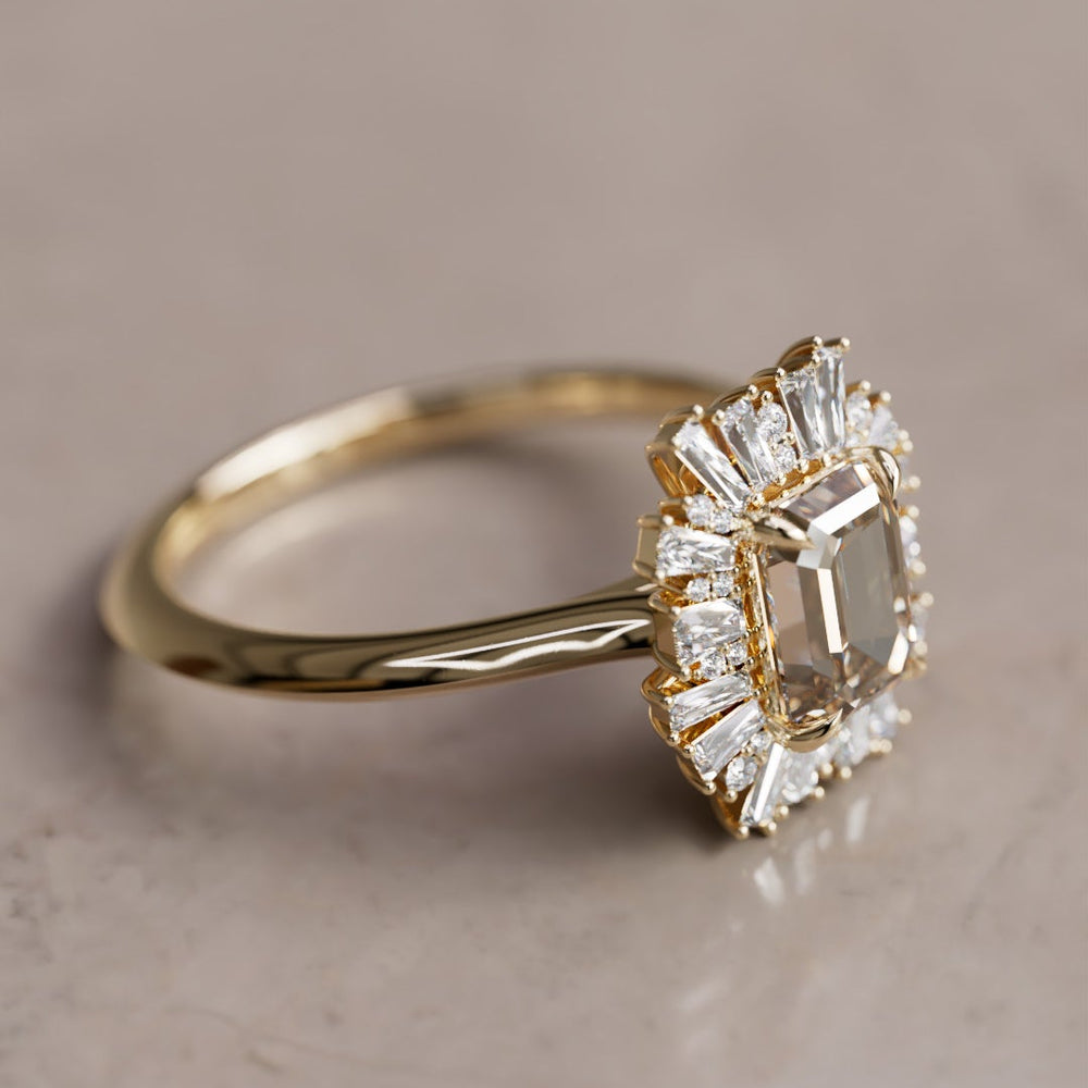 Elowen 1.06ct Emerald Cut Cognac Diamond Vintage Fantasy Halo Engagement Ring (Ready to Ship) By Valley Rose